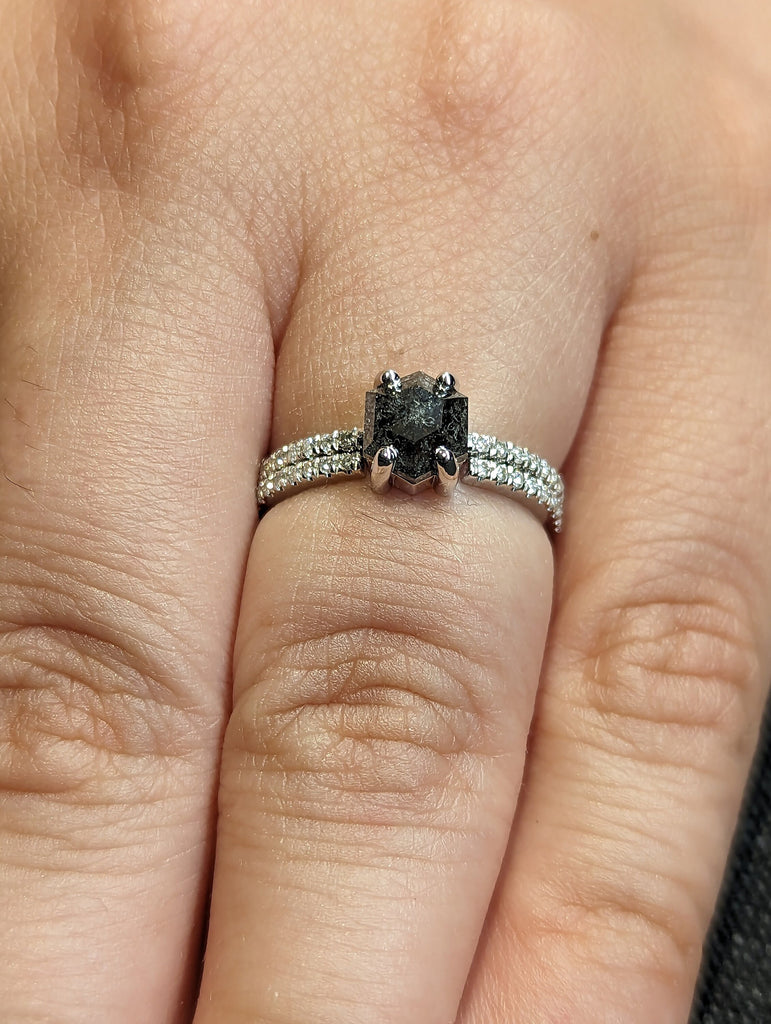 14K White Gold Wedding Band Set | 1920's 1ct Hexagon Raw Salt and Pepper Diamond Engagement Ring | Unique Geometric Bridal Jewelry for Her