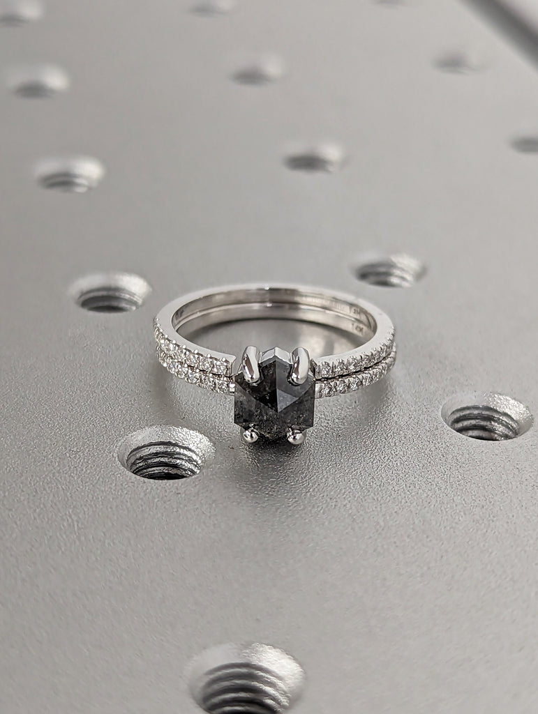 14K White Gold Wedding Band Set | 1920's 1ct Hexagon Raw Salt and Pepper Diamond Engagement Ring | Unique Geometric Bridal Jewelry for Her