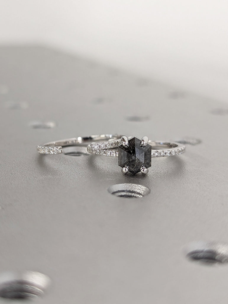 1920's 1ct Hexagon Raw Salt and Pepper Diamond Engagement Ring Set | 14K White Gold Wedding Band Set | Vintage Solitaire Ring Bridal Jewelry
