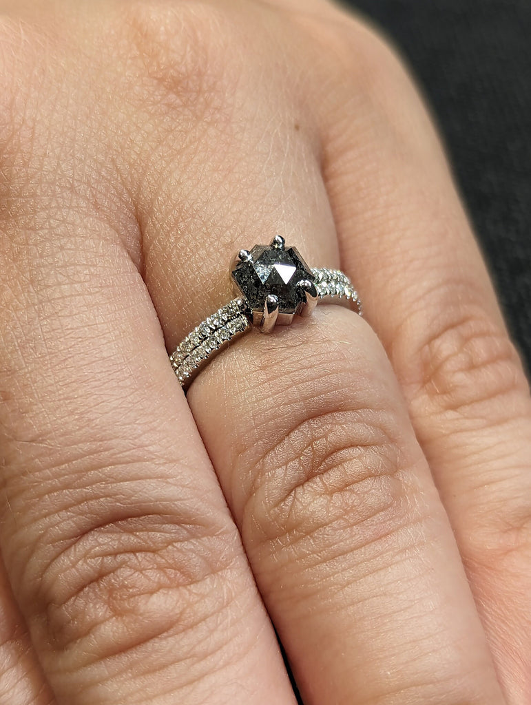 1920's 1ct Hexagon Raw Salt and Pepper Diamond Engagement Ring Set | 14K White Gold Wedding Band Set | Vintage Solitaire Ring Bridal Jewelry