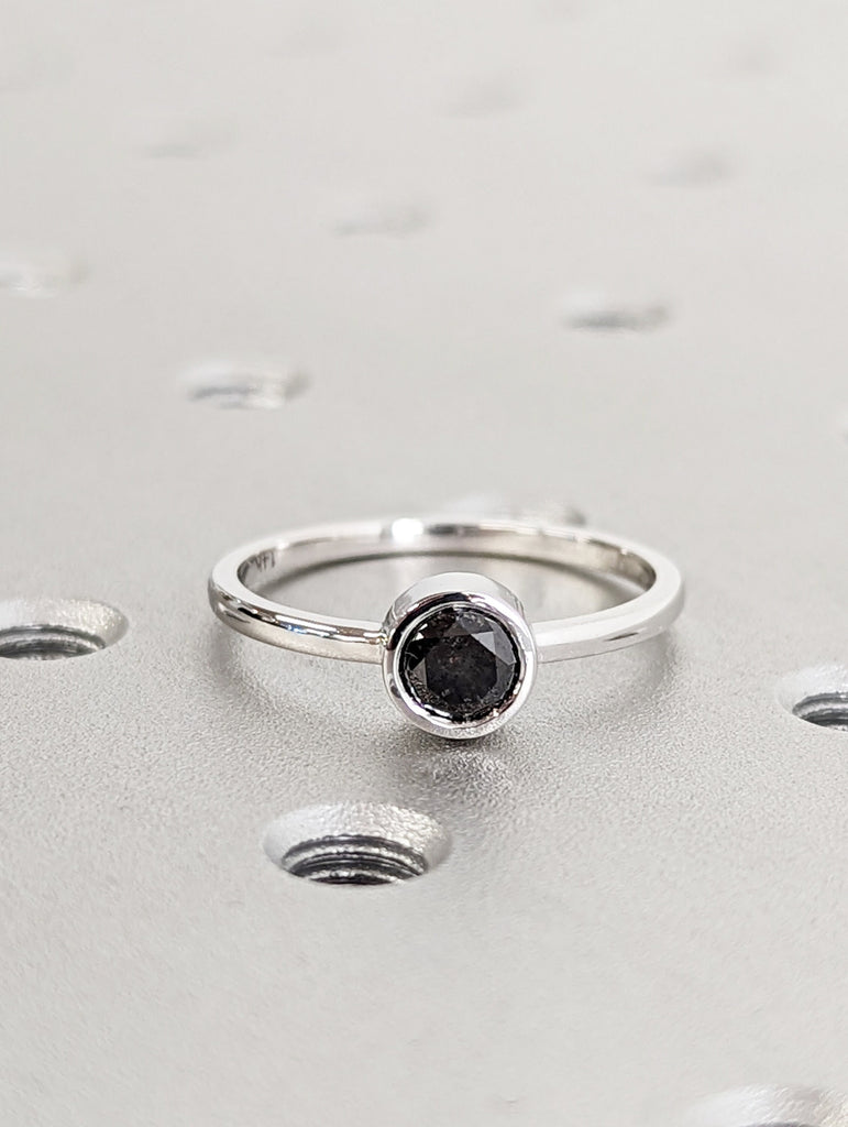 0.5 Carat Round Bezel Solitaire Ring Brilliant Cut Galaxy Salt And Pepper Diamond Engagement Ring Dainty Promise Ring Solitaire Bezel Ring