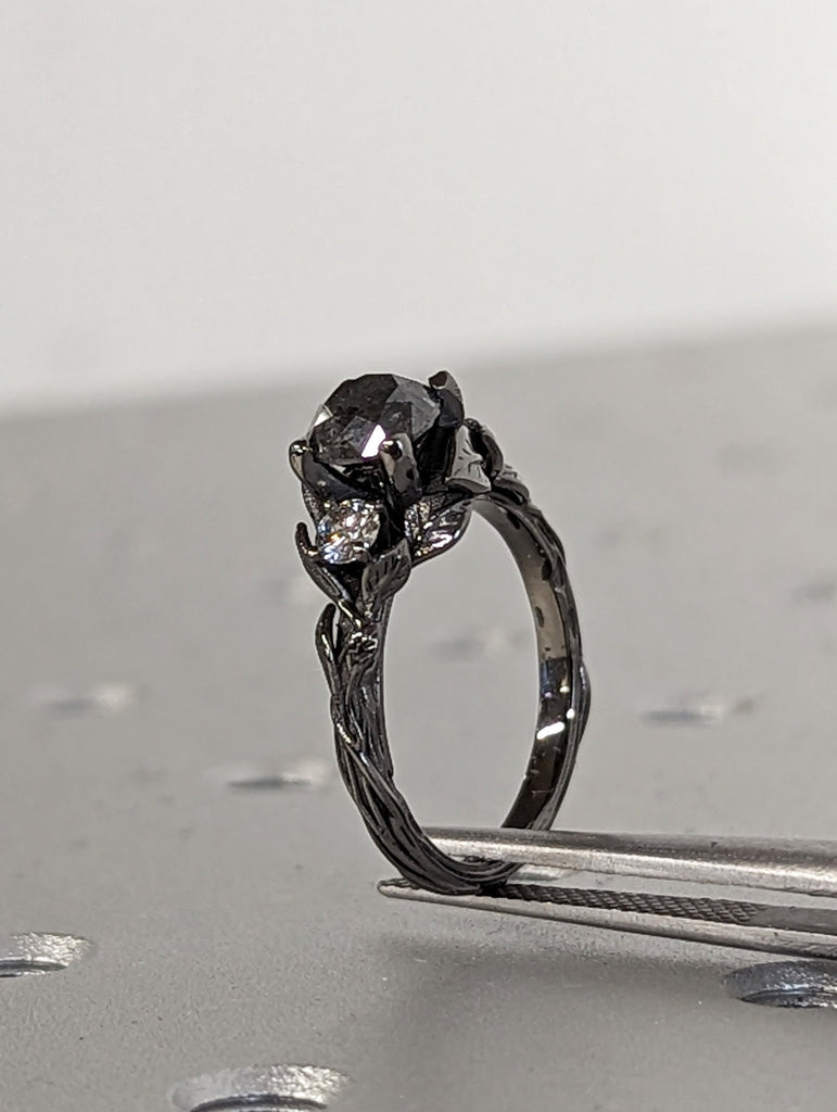Vintage Round Salt and Pepper Diamond 14K Black Gold Gothic Proposal Ring | Nature Inspired Engagement Ring | Leaves Motif Ring