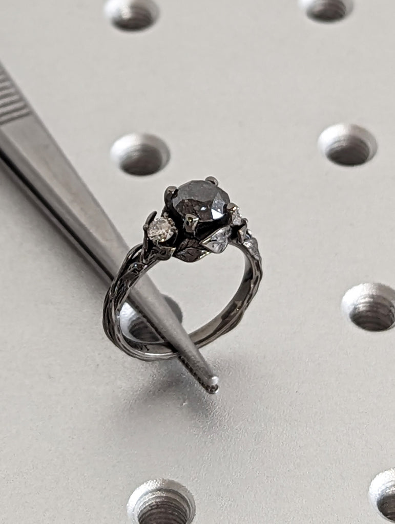 Vintage Round Salt and Pepper Diamond 14K Black Gold Gothic Proposal Ring | Nature Inspired Engagement Ring | Leaves Motif Ring