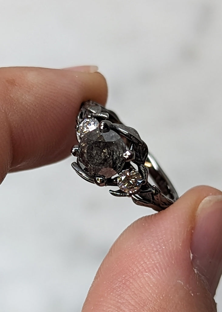 Gothic Black Gold Salt and Pepper Diamond Proposal Ring