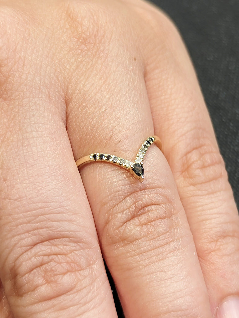 Vintage salt and pepper diamond wedding band women yellow gold bridal ring stacking curved wedding matching ring promise anniversary ring