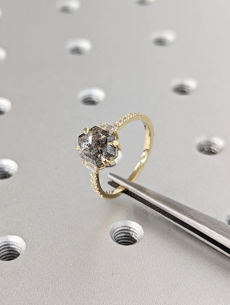 Raw Diamond Hexagon Baguette Diamond, Salt and Pepper, Unique Engagement Ring, Rose Cut Geometric Diamond Ring, 14k Gold, Custom Handmade