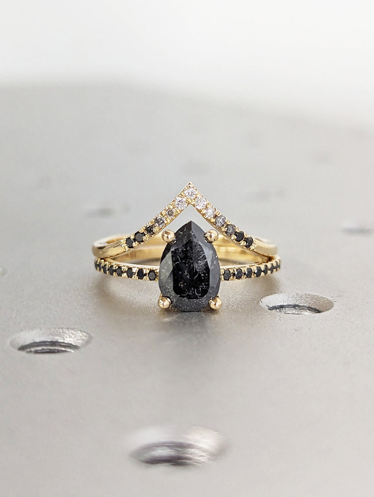 1.25 Carat 1920's Raw Salt and Pepper Diamond, Pear Diamond Ring, Unique Engagement Bridal Set, Gray Pear, Black, Yellow, Rose, White Gold