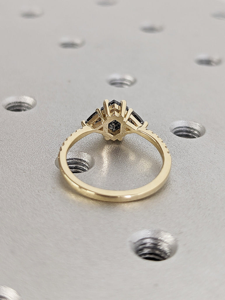 Raw Diamond Hexagon Triangle Diamond, Salt and Pepper, Unique Engagement Ring, Rose Cut Geometric Diamond Ring, 14k Gold, Custom Handmade