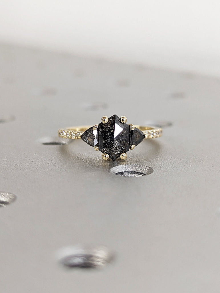 Raw Diamond Hexagon Triangle Diamond, Salt and Pepper, Unique Engagement Ring, Rose Cut Geometric Diamond Ring, 14k Gold, Custom Handmade