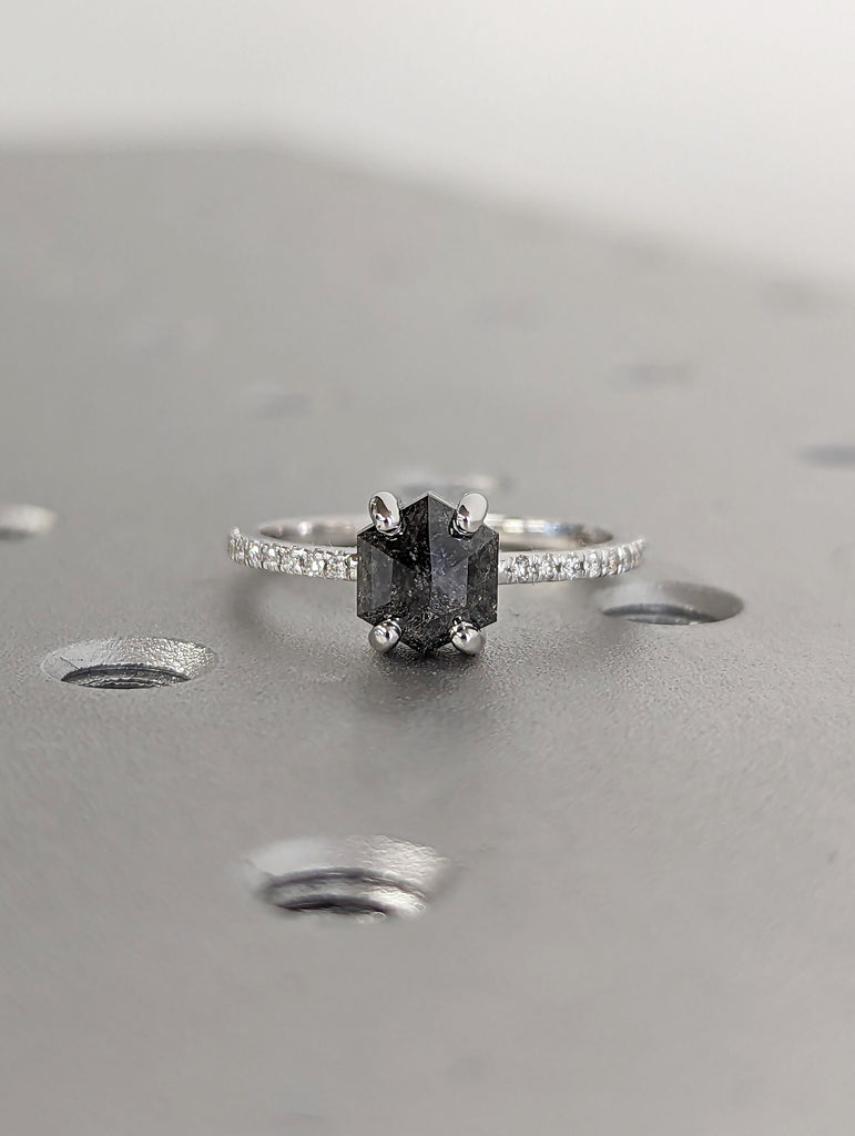 14K White Gold 1920's 1ct Hexagon Raw Salt and Pepper Diamond Engagement Ring | Unique Geometric Proposal Ring | Fine Luxury Bridal Jewelry