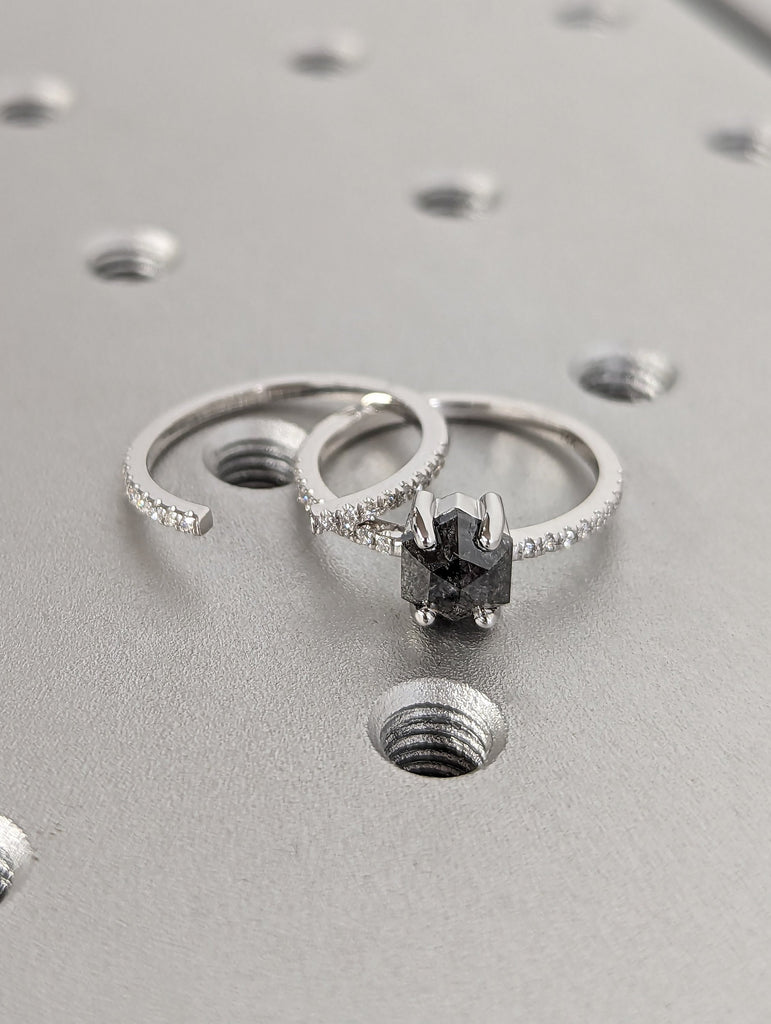 14K White Gold 1920's 1ct Hexagon Raw Salt and Pepper Diamond Engagement Ring | Unique Geometric Proposal Ring | Fine Luxury Bridal Jewelry