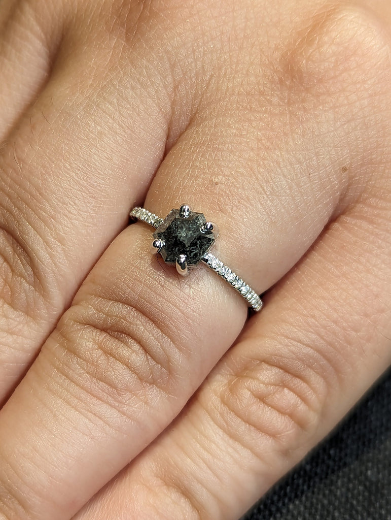 14K White Gold 1920's 1ct Hexagon Raw Salt and Pepper Diamond Engagement Ring | Unique Geometric Proposal Ring | Fine Luxury Bridal Jewelry