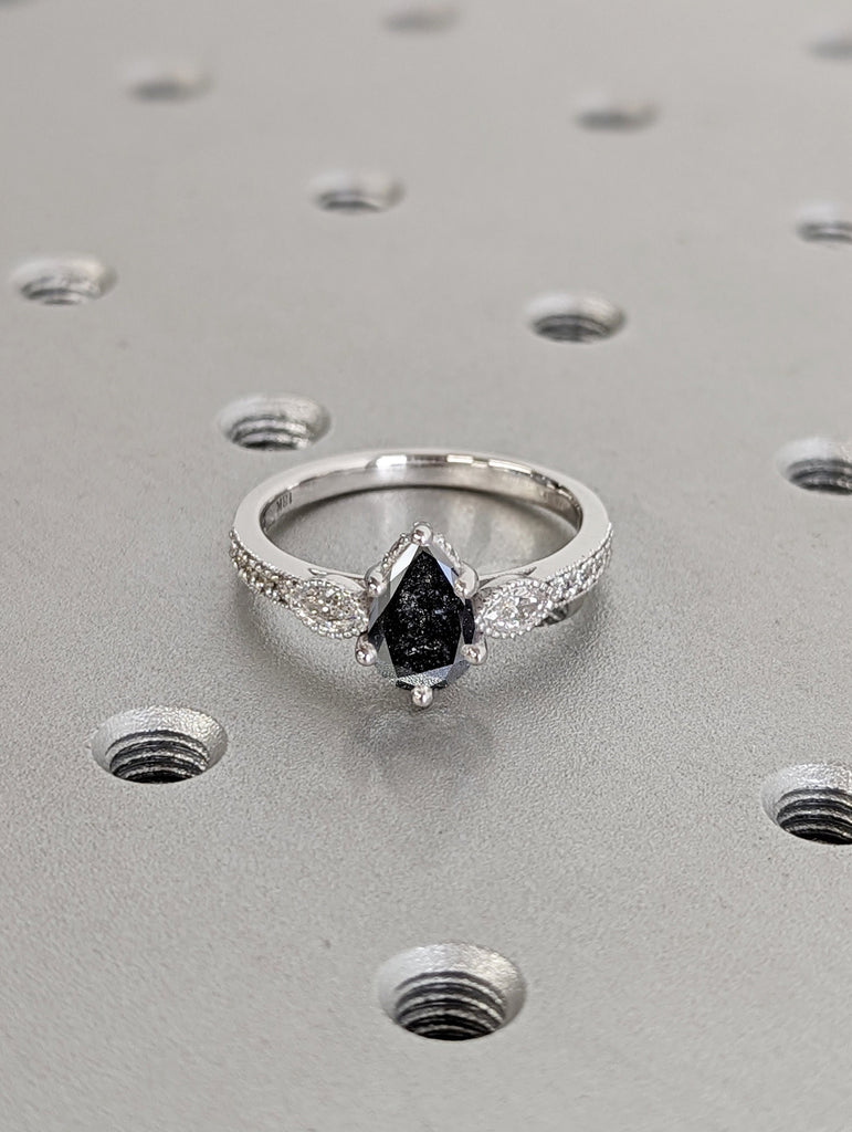 Pear Engagement ring Salt and Pepper diamond ring Gold ring Promise ring Diamond ring Diamond ring Solitaire ring Gift for her Hidden Halo