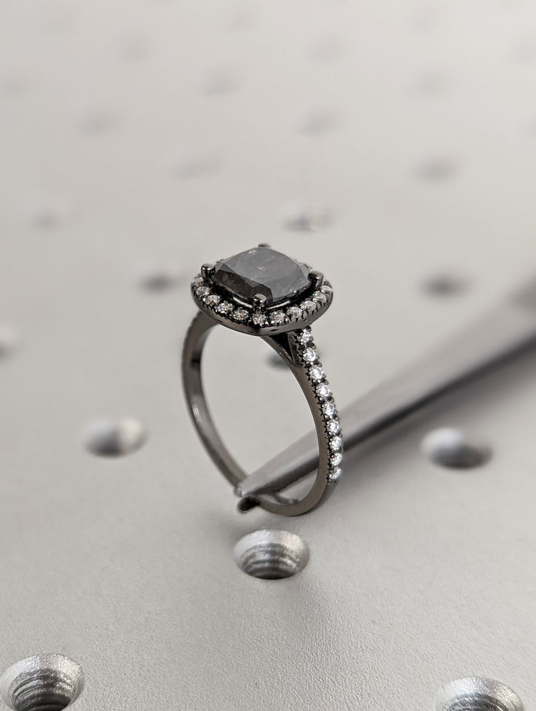2ct Cushion Cut Salt and Pepper Diamond Halo 14K Black Gold Gothic Proposal Ring
