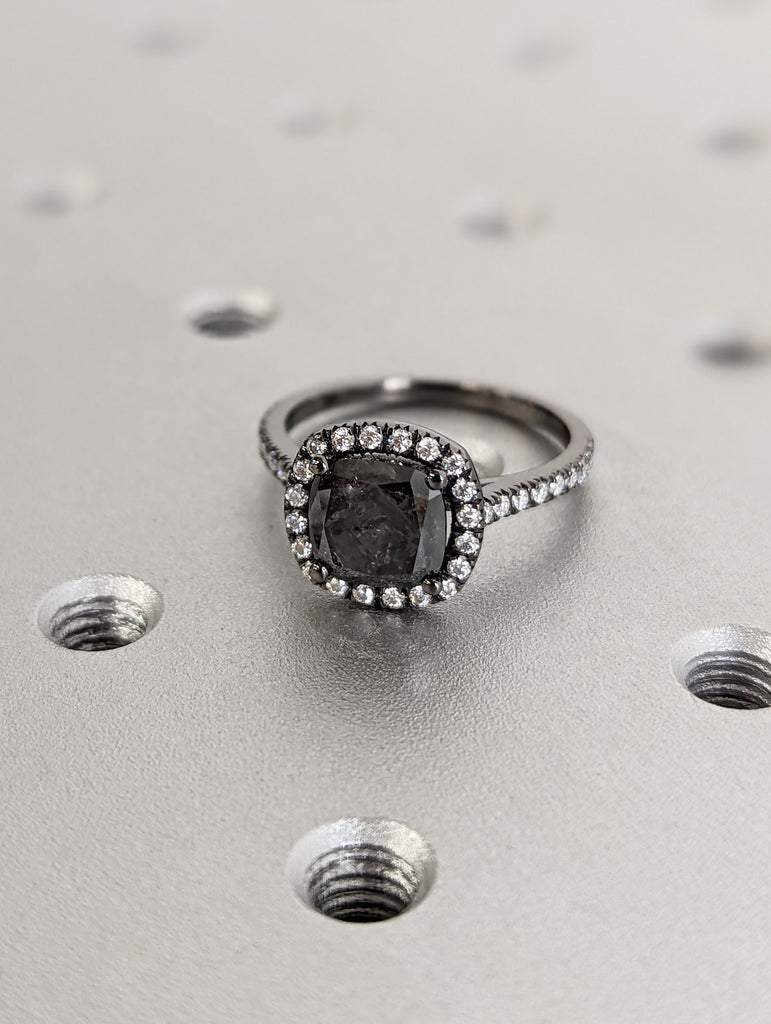 Gothic Style 2ct Cushion Cut Salt and Pepper Diamond Halo Proposal Ring | 14K Black Gold Engagement Ring | Fine Custom Bridal Jewelry