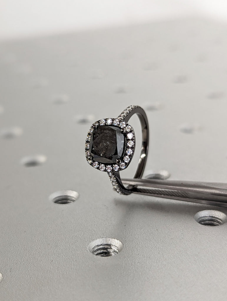 Unique 2ct Cushion Cut Salt and Pepper Diamond Halo Proposal Ring