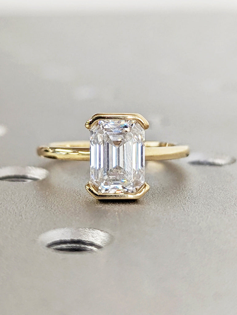 Handmade Custom Ring/ 6.0x8.0mm Emerald Cut Moissanite Engagement Ring/ 4 Prongs Wedding Promise Ring/ 14K Solid Gold Ring/ Floating Bezel