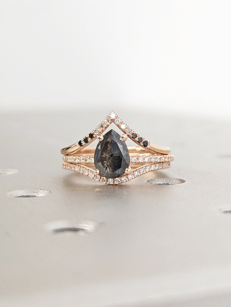 1.5 Carat 1920's Raw Salt and Pepper Diamond, Pear Diamond Ring, Unique Engagement Bridal Set, Black, Gray Pear, 14k Yellow, Rose White Gold