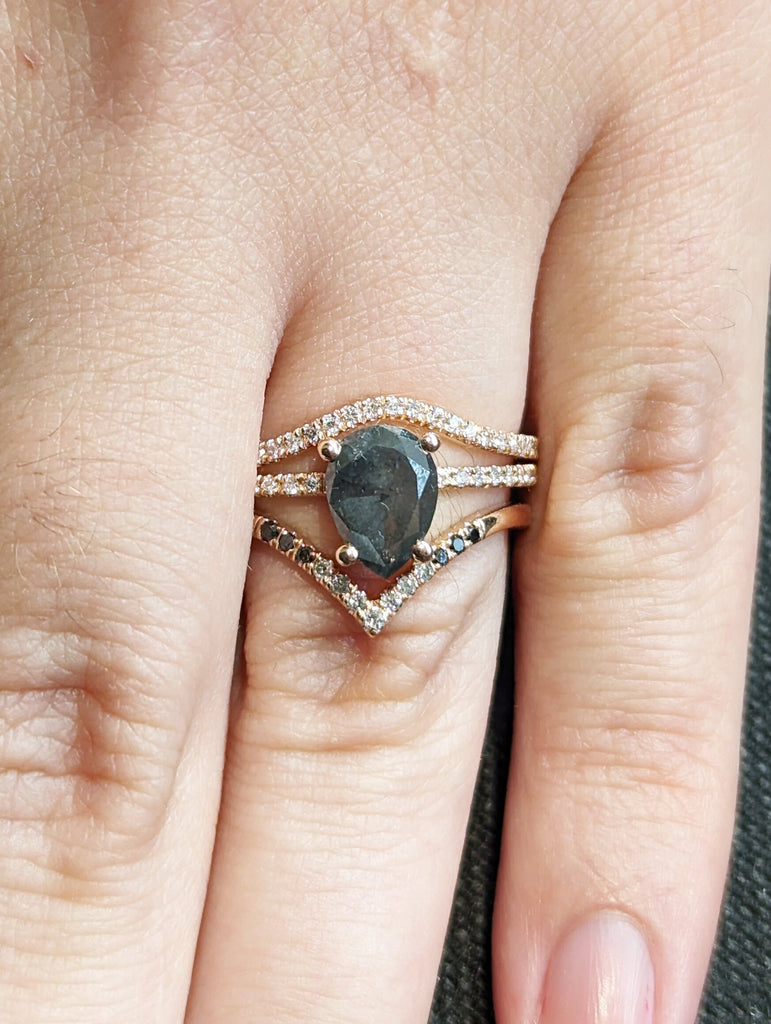 1.5 Carat 1920's Raw Salt and Pepper Diamond, Pear Diamond Ring, Unique Engagement Bridal Set, Black, Gray Pear, 14k Yellow, Rose White Gold