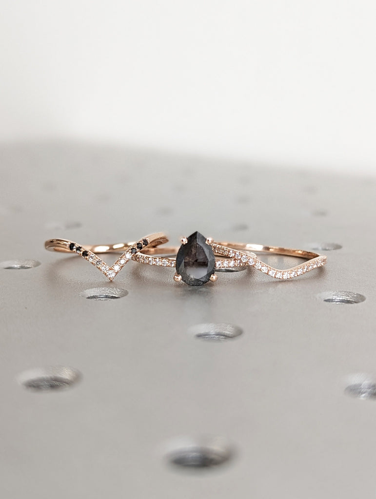 1.5 Carat 1920's Raw Salt and Pepper Diamond, Pear Diamond Ring, Unique Engagement Bridal Set, Black, Gray Pear, 14k Yellow, Rose White Gold