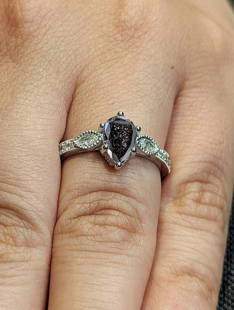 Pear Engagement ring Salt and Pepper diamond ring Gold ring Promise ring Diamond ring Diamond ring Solitaire ring Gift for her Hidden Halo
