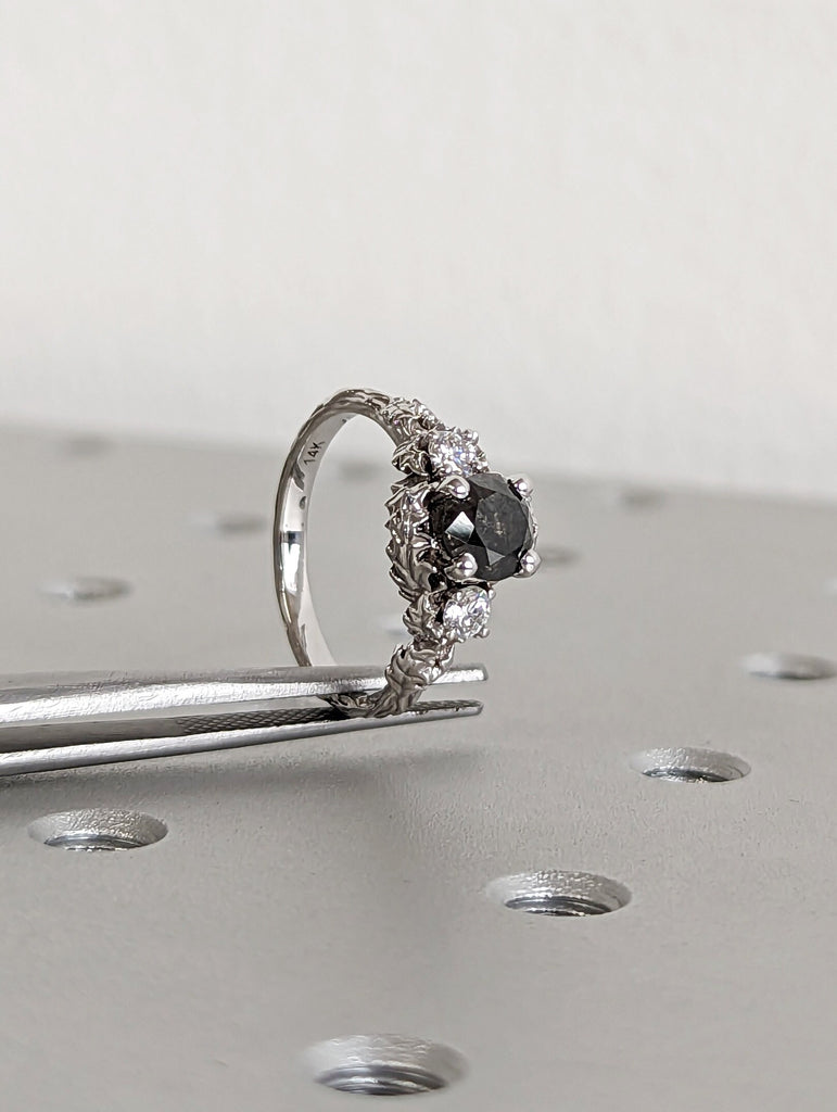 Nature inspired salt and pepper diamond bridal ring / Branch diamond engagement ring / Twig diamond engagement ring / Twig and Thistle Leaf