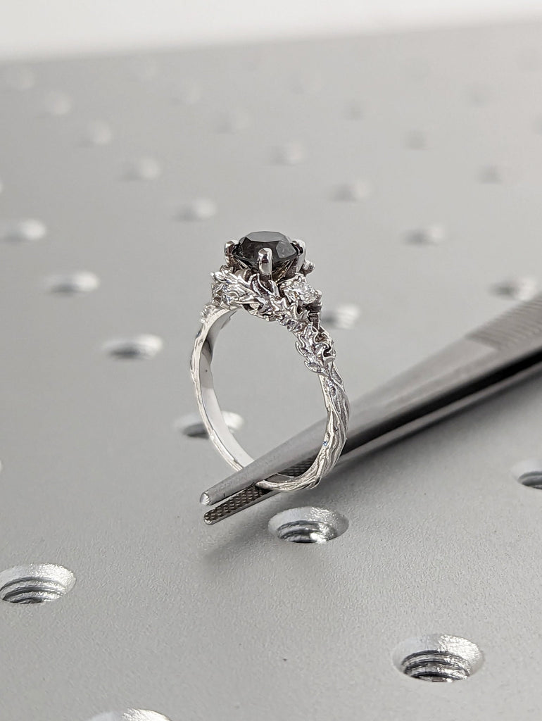 Nature inspired salt and pepper diamond bridal ring / Branch diamond engagement ring / Twig diamond engagement ring / Twig and Thistle Leaf