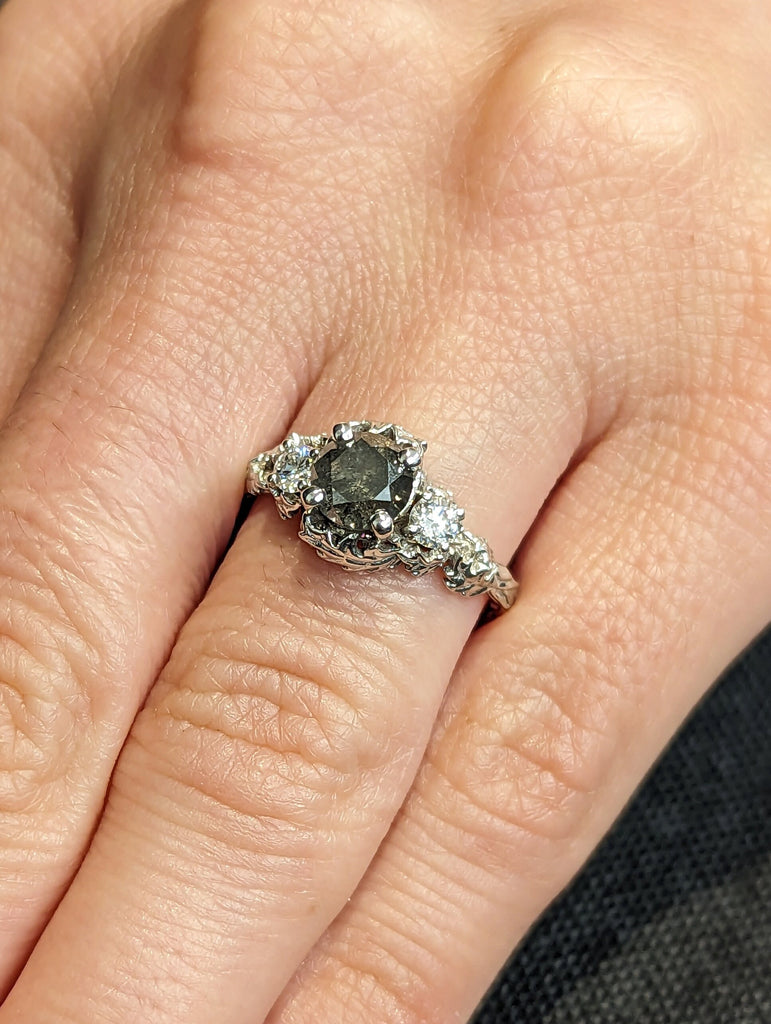 Nature inspired salt and pepper diamond bridal ring / Branch diamond engagement ring / Twig diamond engagement ring / Twig and Thistle Leaf