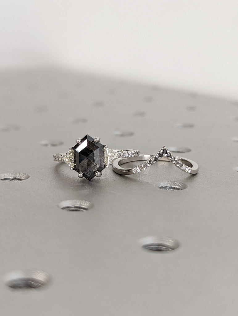 1.75ct Hexagon Salt and Pepper Diamond Platinum Chevron Wedding Ring Set