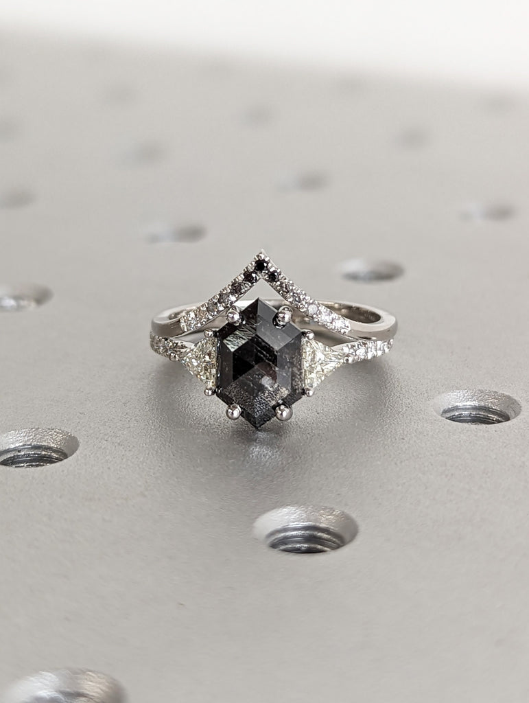 1.75ct Hexagon Salt and Pepper Diamond Platinum Wedding Ring Set | Dainty Chevron Diamond Wedding Band | Wedding Anniversary Ring for Her