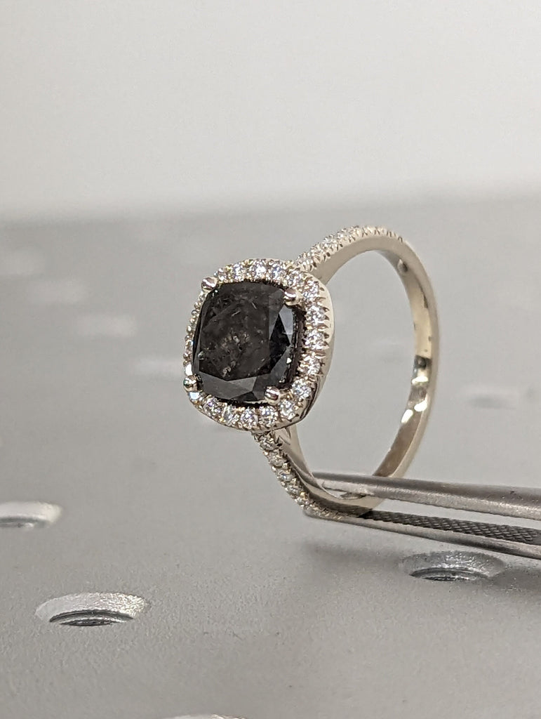 Timeless 2ct Cushion Cut Salt and Pepper Diamond Halo White Gold Proposal Ring