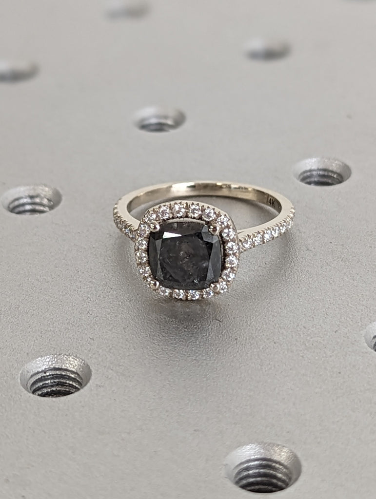 Luxury 2ct Cushion Cut Salt and Pepper Diamond White Gold Proposal Ring