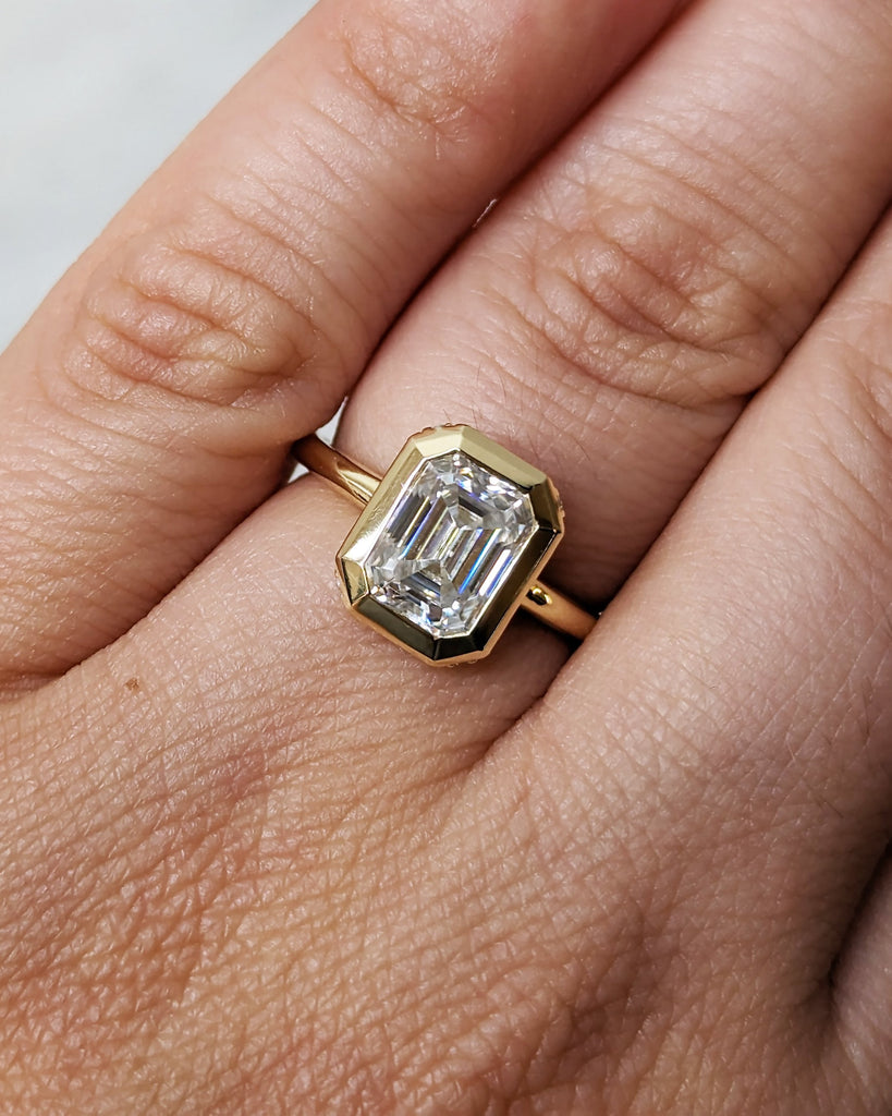 Classic 1.5ct Emerald Cut Moissanite Hidden Halo 14k Yellow Gold Wedding Anniversary Ring