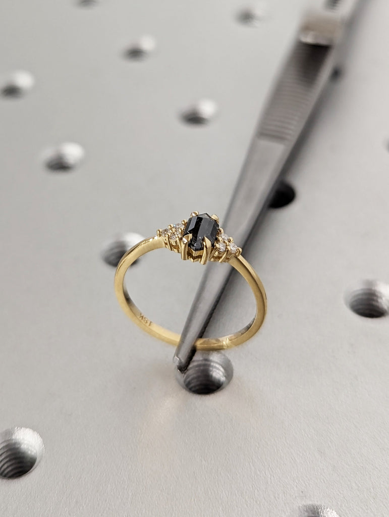 Vintage Hexagon Cut Salt and Pepper Diamond 18K Yellow Gold Proposal Ring | Diamond Cluster Engagement Ring | Wedding Anniversary Gift