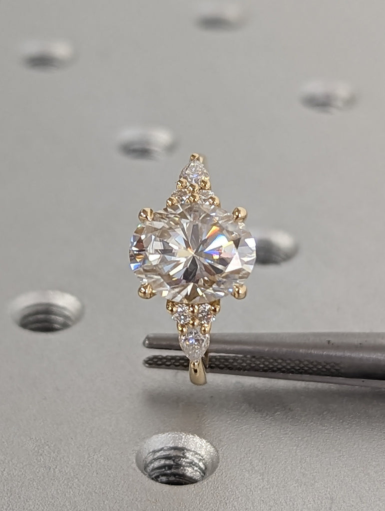 18K Yellow Gold 2.5ct Oval Lab Diamond Luxury Engagement Ring | Unique Pear Diamond Cluster Ring | Elegant Custom Bridal Jewelry