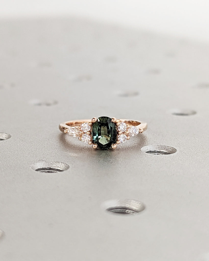 Blue Green sapphire ring. Peacock engagement ring. Oval Teal sapphire ring. 14k rose gold engagement ring. Cluster diamond ring. Art deco.