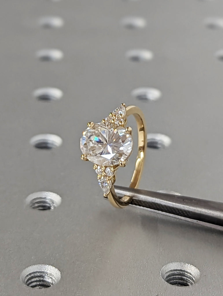 Unique 2.5ct Oval Lab Diamond Luxury 18K Yellow Gold Engagement Ring | Pear Diamond Cluster Ring | Elegant Handmade Bridal Jewelry