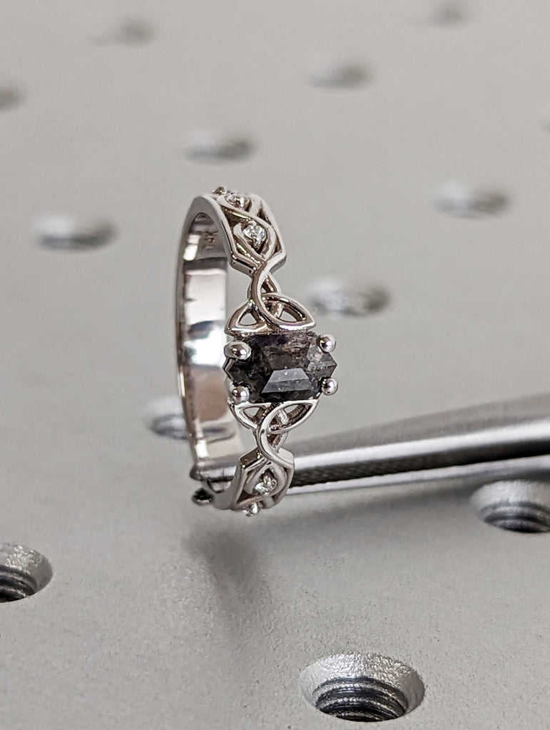 Celtic Twist 14K White Gold Engagement Ring Hexagon Salt and Pepper Diamond