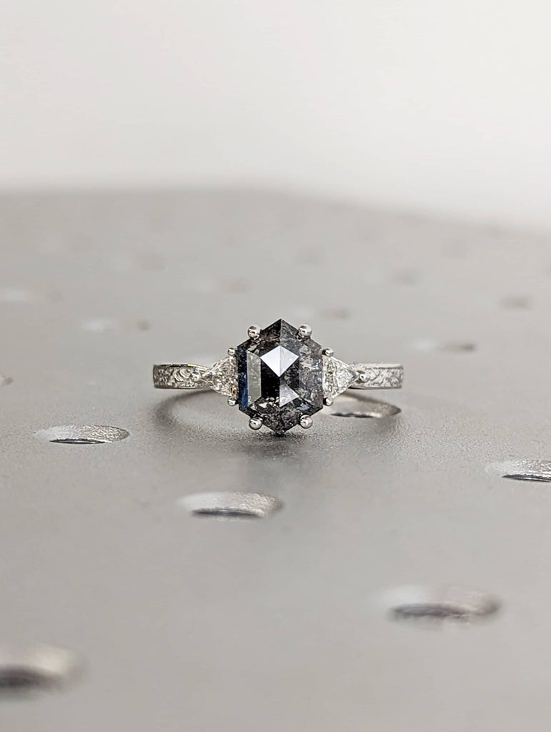 Raw Diamond Hexagon Triangle Moissanite, Salt and Pepper, Plain Unique Bridal Engagement Set, Rose Cut Geometric Diamond, Custom Handmade