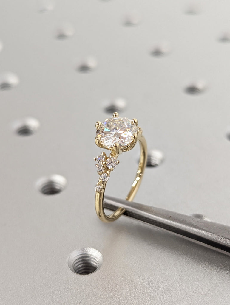 1.5ct Round Lab Diamond 14K Yellow Gold Engagement Ring | Unique Snowdrift 6 prong Diamond Cluster Proposal Ring | Wedding Ring for Women