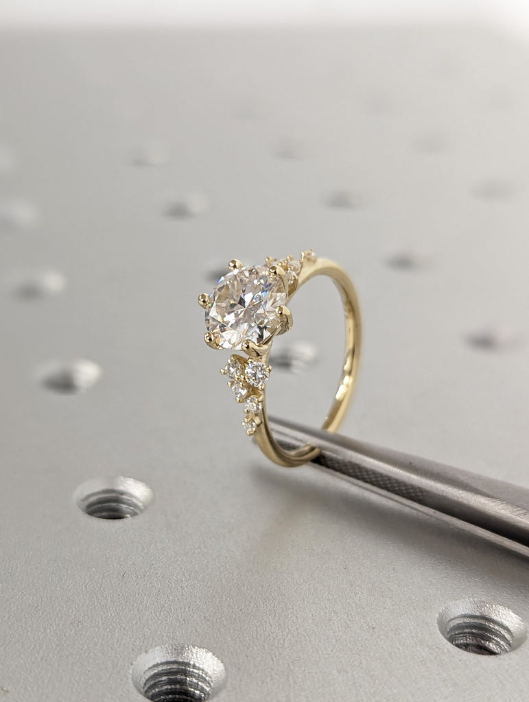 1.5ct Round Lab Diamond 14K Yellow Gold Engagement Ring | Unique Snowdrift 6 prong Diamond Cluster Proposal Ring | Wedding Ring for Women