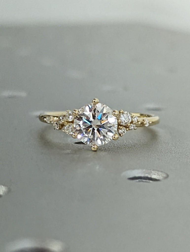 1.5ct Round Moissanite 14K Yellow Gold Snowdrift Diamond Cluster 6 Prongs Engagement Ring