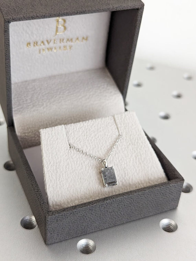 Salt & pepper diamond pendant necklace - 1ct emerald cut pendant chain salt and pepper diamond solitaire solid 14k white gold Gift for Her