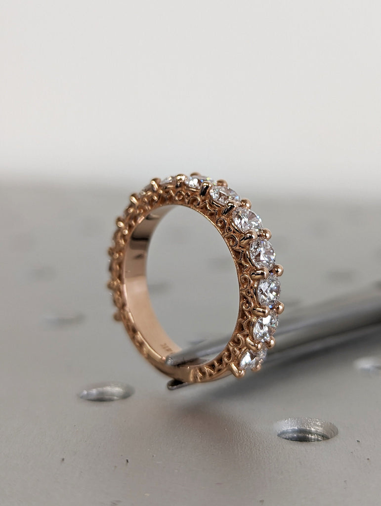 2.45 TCW round cut wedding band,half eternity band,14k rose gold moissanite wedding band,unique eternity ring,thick modern,stackable ring