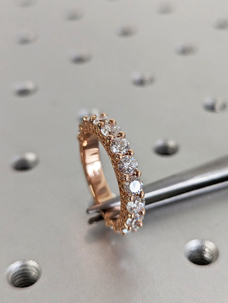 2.45 TCW round cut wedding band,half eternity band,14k rose gold moissanite wedding band,unique eternity ring,thick modern,stackable ring