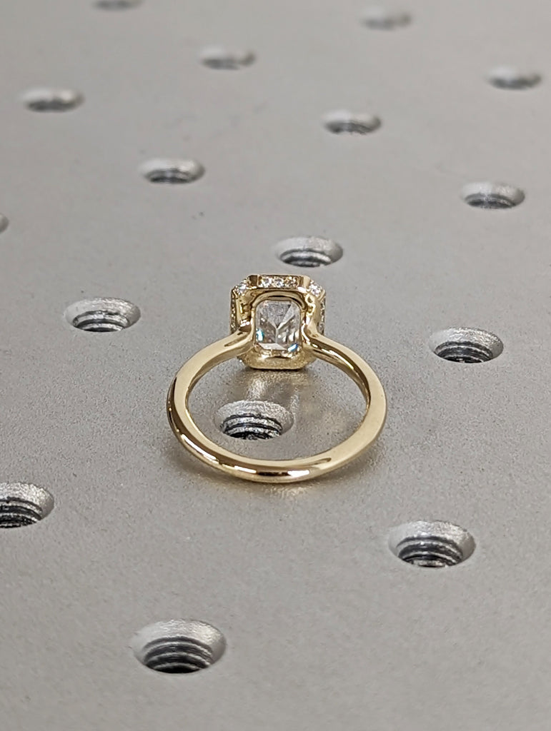 Chunky Bezel 1.5ct Emerald Cut Lab Diamond | 14K Yellow Gold Promise Ring | Diamond Hidden Halo Engagement Ring | Wedding Anniversary Gift