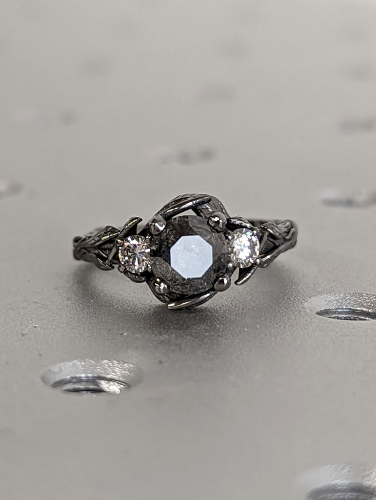 Vintage Round Salt and Pepper Diamond 14K Black Gold Gothic Proposal Ring | Nature Inspired Engagement Ring | Leaves Motif Ring