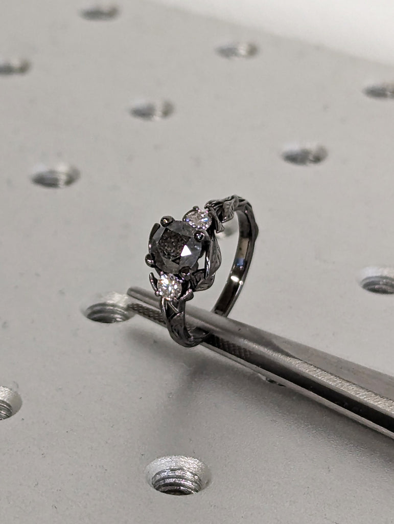 Vintage Round Salt and Pepper Diamond 14K Black Gold Gothic Proposal Ring | Nature Inspired Engagement Ring | Leaves Motif Ring