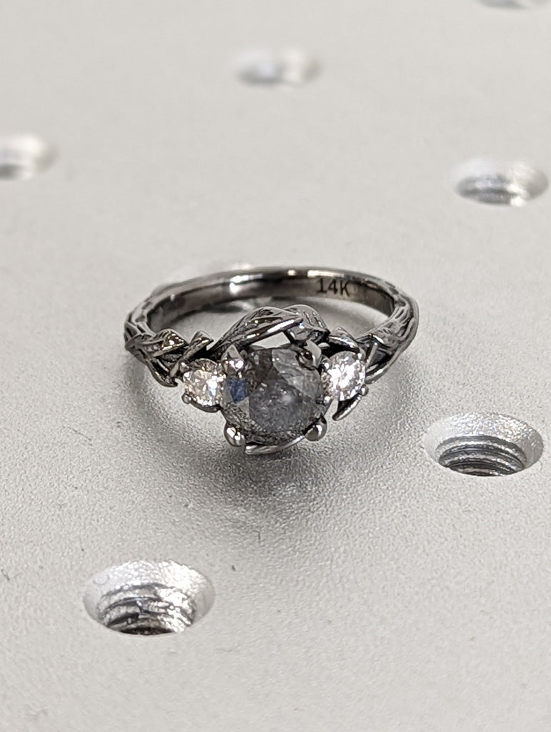 Vintage Round Salt and Pepper Diamond 14K Black Gold Gothic Proposal Ring | Nature Inspired Engagement Ring | Leaves Motif Ring