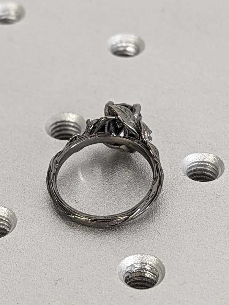 Vintage Round Salt and Pepper Diamond 14K Black Gold Gothic Proposal Ring | Nature Inspired Engagement Ring | Leaves Motif Ring